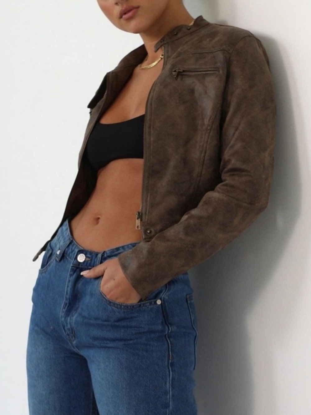 lioness faux suede moto jacket in charcoal